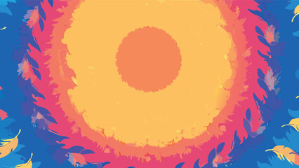 Abstract sun with a colorful halo and scattered feathers on a blue background illustration art
