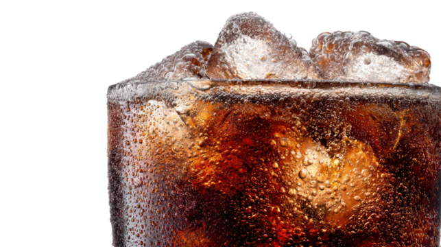 Close-up of a glass filled with cola and ice, refreshing beverage on a white isolated background.