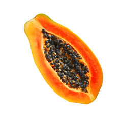 Close up of a ripe papaya half with vibrant orange flesh and black seeds isolated on transparent background