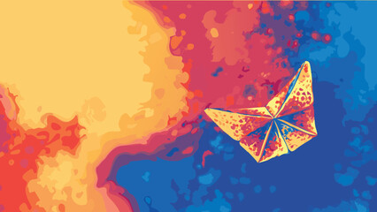 Abstract origami butterfly on a colorful background with yellow orange red and blue hues painted style