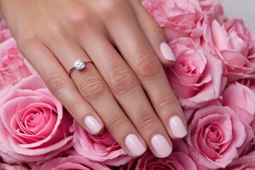 Fototapeta premium Elegant woman's hand with diamond ring on pink roses for jewelry design inspiration