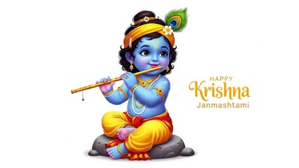 "Little Krishna Playing Flute – Janmashtami Festival Illustration on White Background"	
