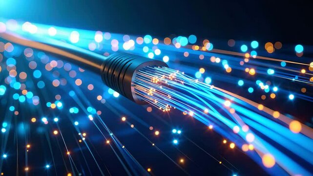 Dynamic visual of a network cable sending and receiving data as light flows, showcasing seamless and efficient digital information transfer.