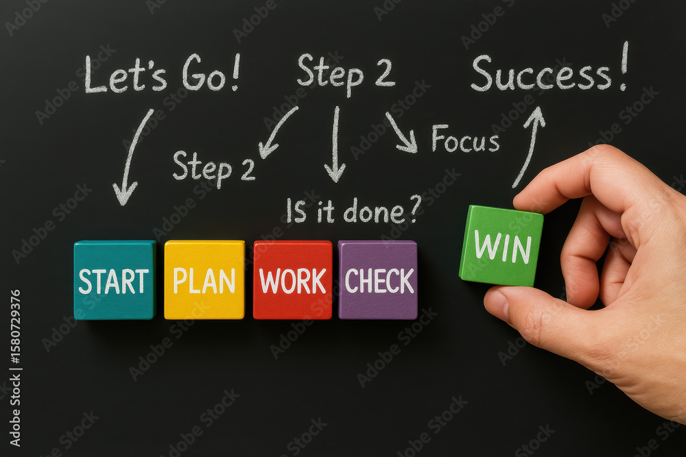 Poster a arranges colored blocks labeled with key business stages on a blackboard illustrating focus and su