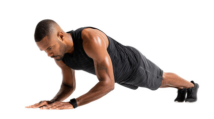 Fit man performing push-ups, focused on strength training and muscle building.