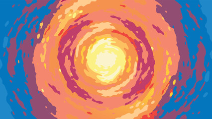 Abstract concentric circles in warm hues radiating from a central bright light source, with blue edges