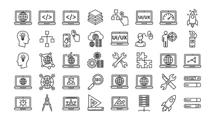 Collection of SEO and Web Development Line Icons | Thin Outline Symbols for Website Optimization, UI Design, and Digital Marketing
