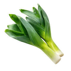 Two fresh green leeks with white bases isolated on transparent background