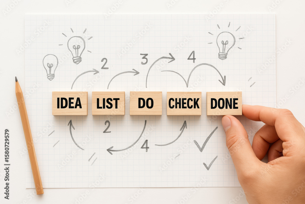 Poster a creative process workflow is illustrated by connecting incremental steps with arrows and lightbulb