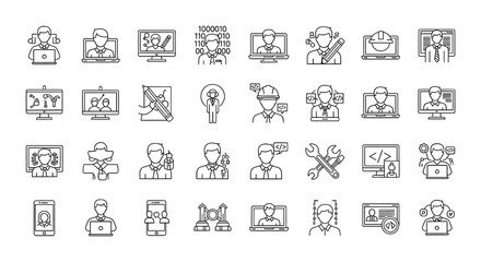 Developers and Engineers Line Icons | Vector Set of Professional Software and Hardware Skill Icons for Technology and Construction
