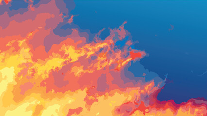 Abstract painting of a sky with vibrant orange and yellow clouds against a deep blue gradient background