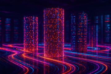 A glowing server farm illustrates dynamic data and connectivity symbolizing digital infrastructure and network efficiency in business