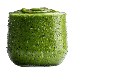 Fresh green smoothie in a glass with condensation, isolated on white background.