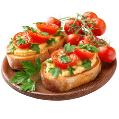 Two delicious bruschetta with hummus and cherry tomatoes on a wooden plate isolated on transparent background