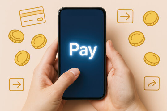 A close-up hands engaging in a digital payment process using a smartphone app symbolizing secure financial transactions and modern currency exchange