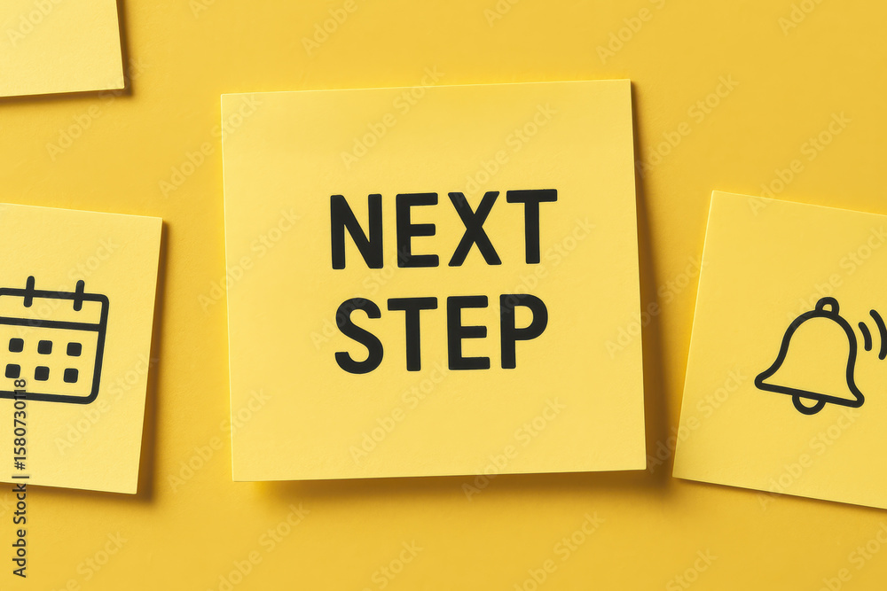 Poster a digital board emphasizes progress through the highlighted next step surrounded by calendar and ale