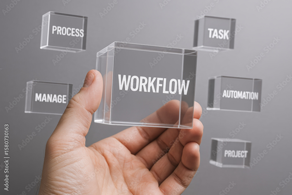 Poster a carefully holds a transparent acrylic cube symbolizing workflow surrounded by smaller floating cub
