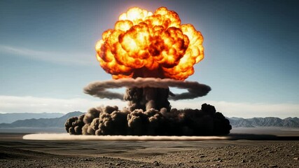 A massive nuclear explosion creates a mushroom cloud over a desolate desert landscape, symbolizing war and destruction - Powered by Adobe