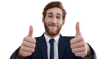Happy businessman giving two thumbs up, isolated on a white background.