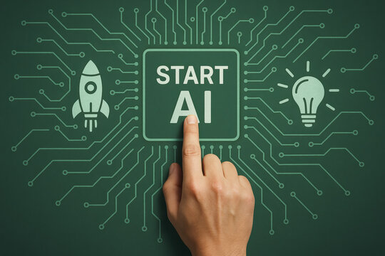 Initiating artificial intelligence sparks innovation and progress symbolized by circuit networks and a launch icon