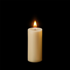 Realistic wax candle with flame on black isolated background.