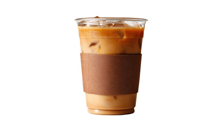 Iced coffee drink in a clear cup with a cardboard sleeve, white isolated background.