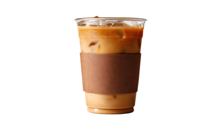 Iced coffee drink in a clear cup with a cardboard sleeve, white isolated background.
