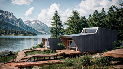 A small modular cabins located near the lake with minimalist architecture and large windows. Set against a clear blue sky and calm coastal environment.