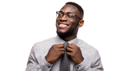 Man adjusting tie and smiling, wearing glasses, isolated background.