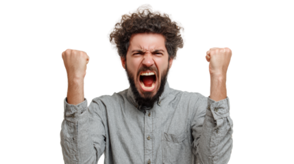 Man expressing anger and frustration with raised fists, isolated on white background.
