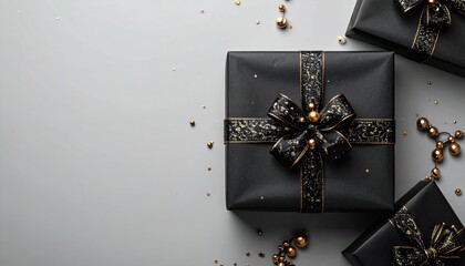 Elegant black gift boxes with decorative bows and gold accents on a light background, surrounded by festive beads and confetti.