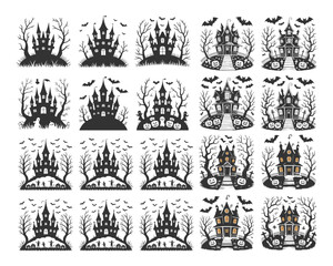 Fototapeta premium Mega Halloween Bundle Featuring Haunted House Illustrations with Spooky Trees, Bats, and Pumpkins, Perfect for Halloween Decorations, Stickers, T-shirt Designs, Printables, and Spooky Artwork