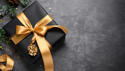 Elegant black gift box with a gold ribbon and pinecone decoration on a dark textured background.