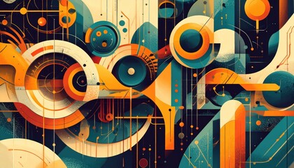 Abstract geometric artwork featuring circles, lines, and bold colors in a dynamic, futuristic composition.