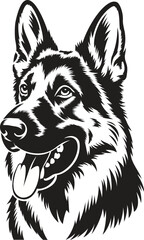 German Shepherd Dog Detailed Head Vector Illustration in Black and White