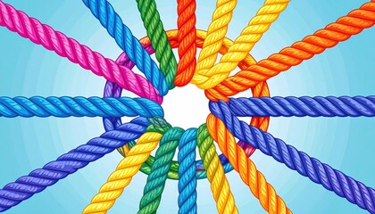 Multiple colorful ropes are intertwined in a circle, symbolizing unity, teamwork, and connection on a blue background.