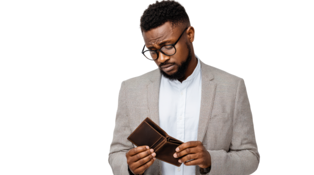 Man in a blazer looking concerned at an empty wallet on a white isolate background.