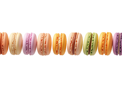 Colorful French Macarons Arranged in a Line on a Transparent Background for Dessert and Pastry Presentations