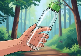 A hand holds a partially filled reusable water bottle against a blurred background of a forest path, promoting hydration and nature.