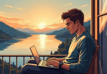 A man works on his laptop on a balcony, overlooking a serene lake and mountains under a beautiful sunset, blending work and nature.
