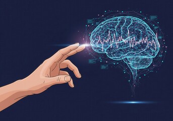 A hand interacts with a glowing blue digital brain displaying neural networks and waveforms, symbolizing AI, neuroscience, and data.