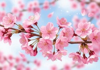 Lush pink cherry blossoms bloom on a branch under a soft blue sky, with delicate petals fluttering in the air, creating a serene springtime scene.