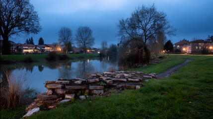 Obraz premium Twilight serenity by the urban river, where water mirrors the fading day