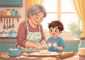 A happy grandmother and grandson share a moment in the kitchen, making dough together, with flour on their hands and smiles on their faces.