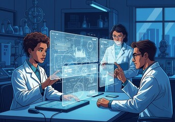 Scientists in lab coats analyze holographic data screens in a futuristic lab, exploring AI and complex research with serious focus.