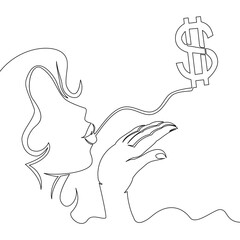 Continuous one single line drawing Woman Blowing Air Kiss with Dollar Symbol Creative Concept of Wealth, Success, and Influence vector illustration concept