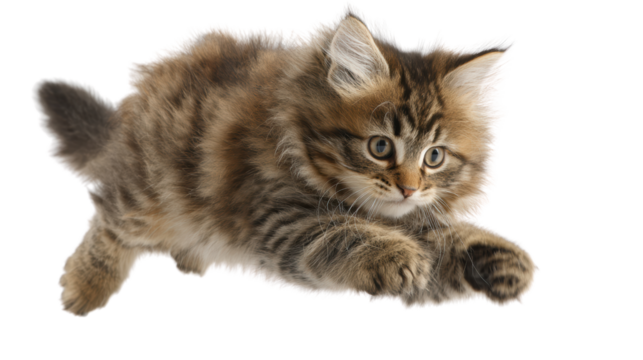 Playful kitten jumping in mid-air, capturing its lively spirit and playful nature on a white isolate background.