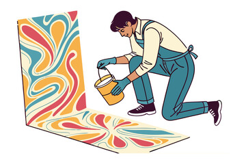 Artist in overalls meticulously applying a vibrant abstract retro inspired pattern to a surface with a bucket of paint