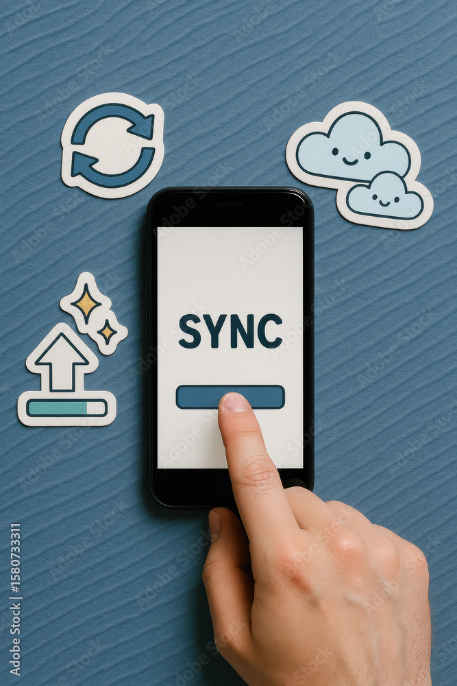 Poster a initiates data synchronization on a smartphone symbolizing cloud integration and efficient digital