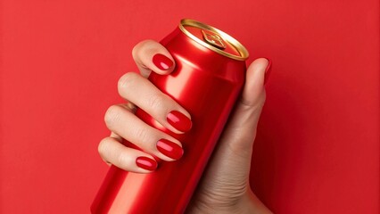 Female hand with red manicure holding a can of soda on red background